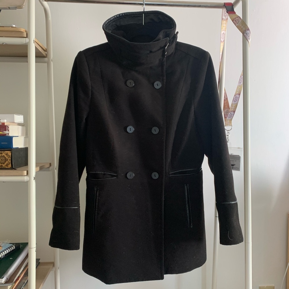 H&M high-neck black coat with pleather detailing